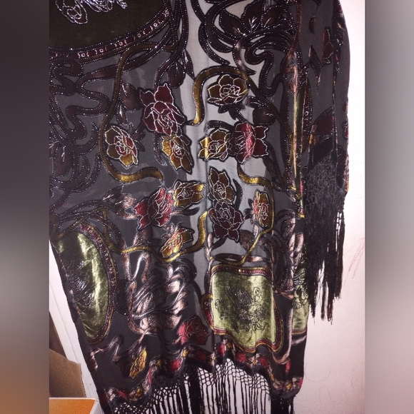 Aris A  Fringe Velvet Burnout Open Cardigan Multicolor One Size - Picture 4 of 8